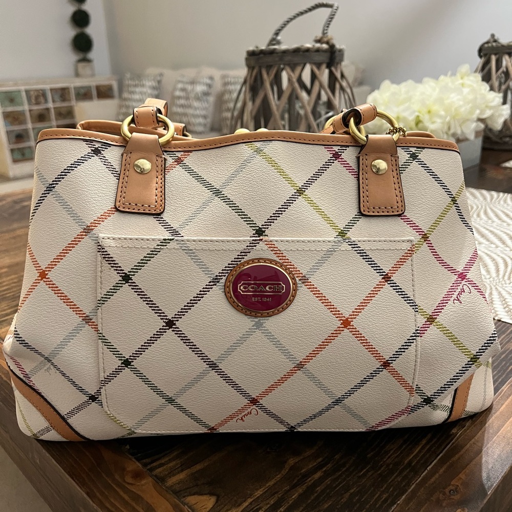 COACH cream coated canvas with multicolored accents hangbag